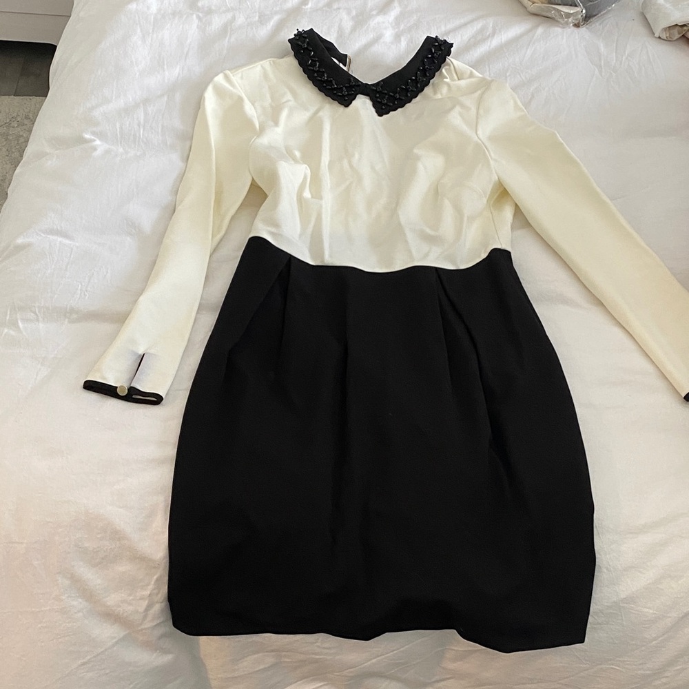 Ted Baker Black and White Long-Sleeve Dress with Embellished Collar